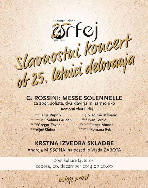 Letak Slavnostnega koncerta ob 25-letnici delovanja Komornega zbora Orfej